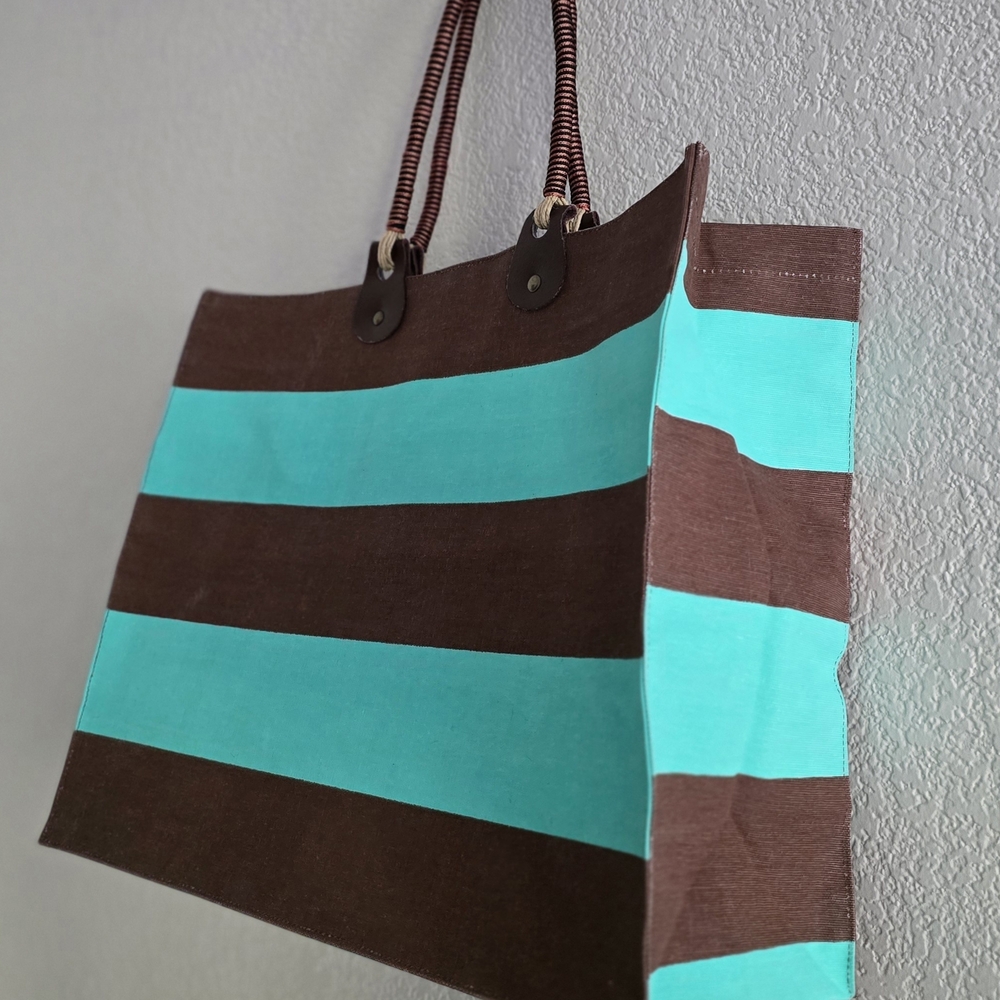 Large Jute Chocolate & Teal Striped Tote Bag